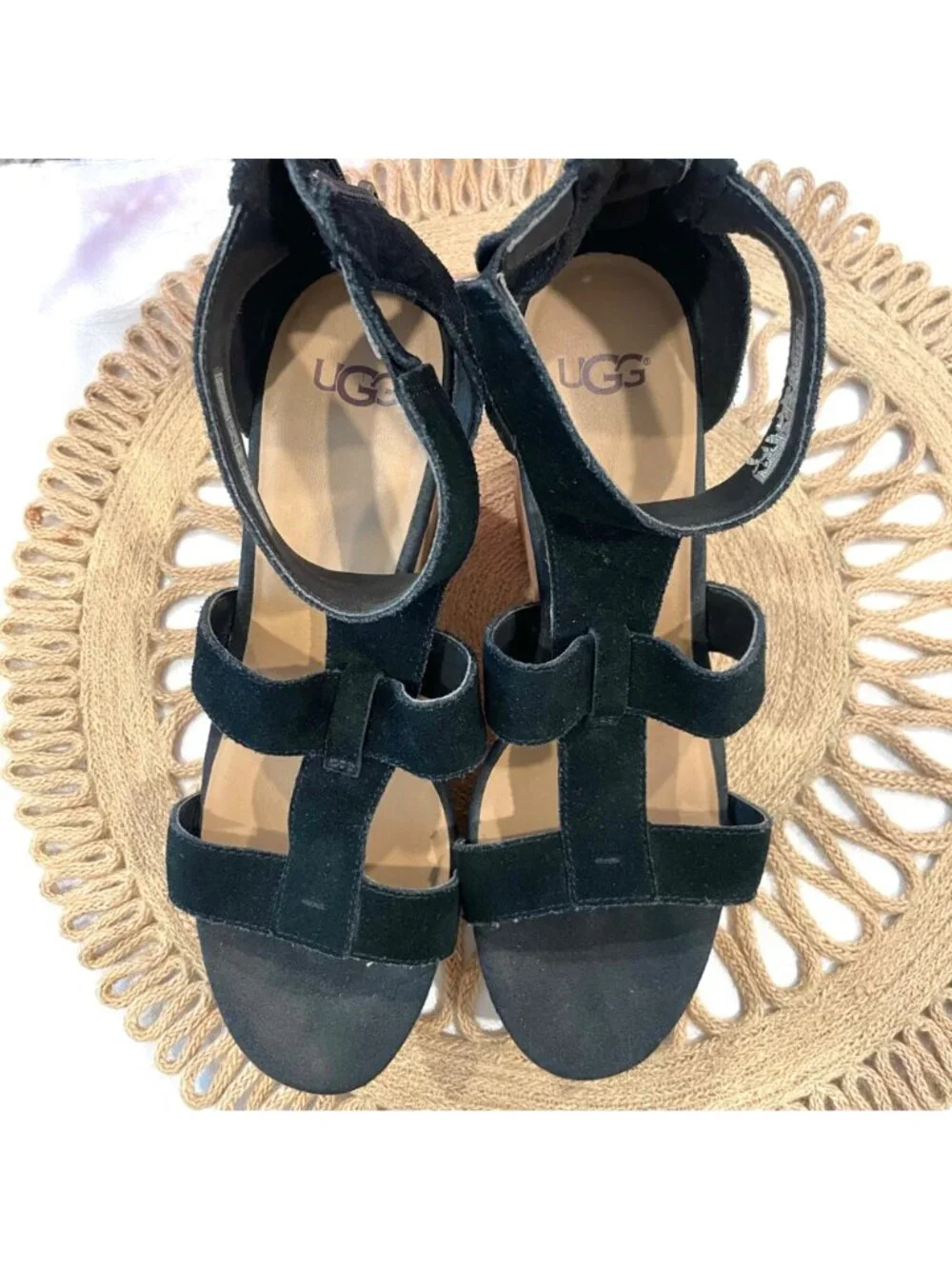 UGG Whitney Wedge Black Suede Sandals Size 8 Boho Chic Coastal